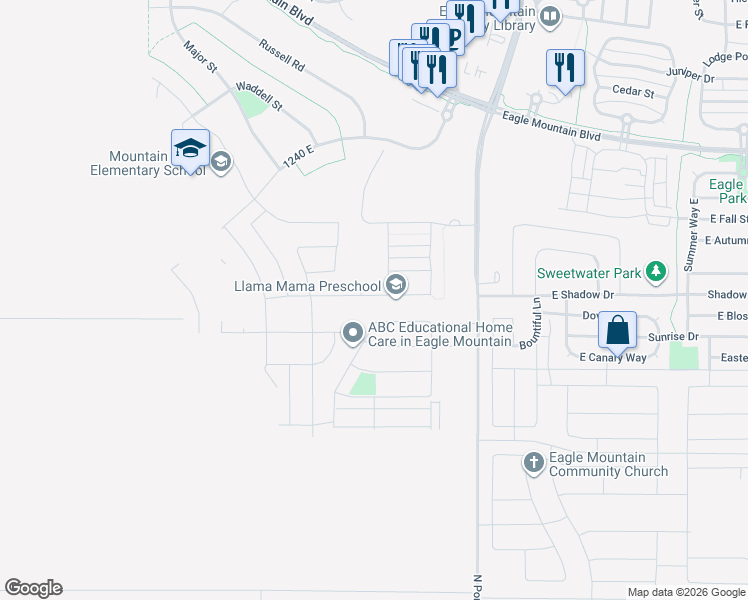map of restaurants, bars, coffee shops, grocery stores, and more near 1258 East Bell Buoy Way in Eagle Mountain