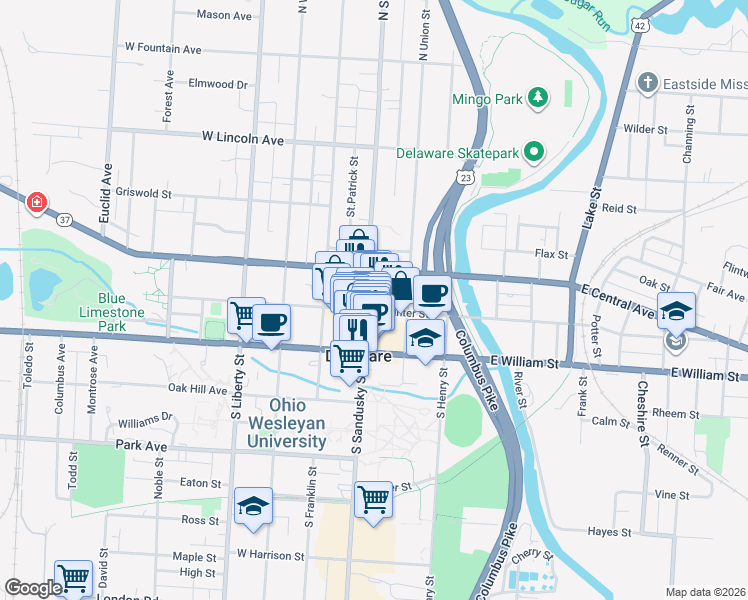map of restaurants, bars, coffee shops, grocery stores, and more near 50 North Sandusky Street in Delaware