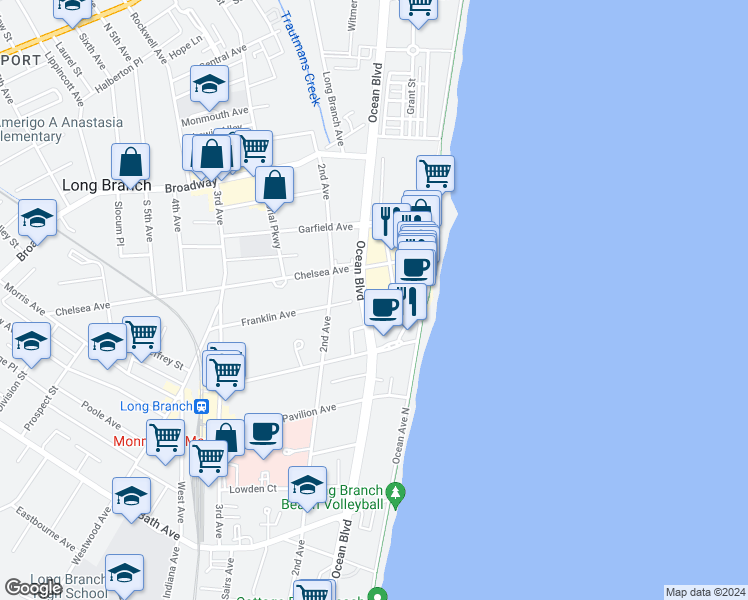 map of restaurants, bars, coffee shops, grocery stores, and more near 210 Ocean Avenue in Long Branch