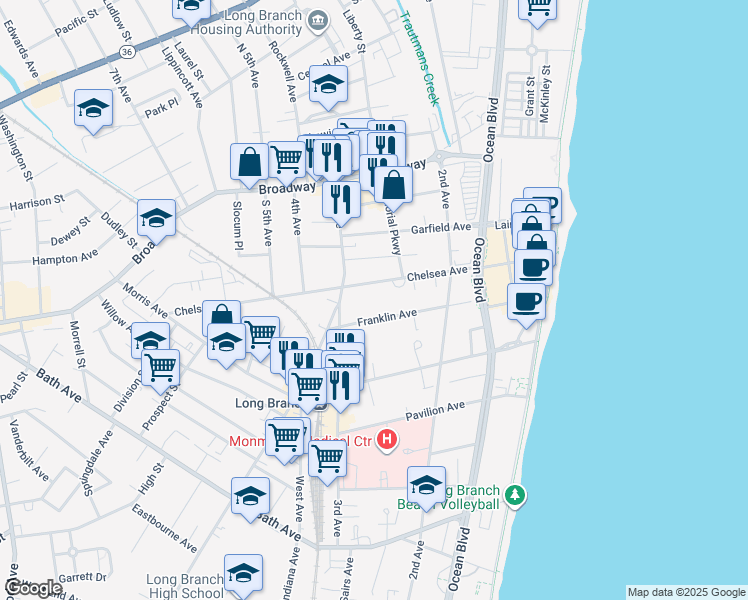 map of restaurants, bars, coffee shops, grocery stores, and more near 176 Chelsea Avenue in Long Branch