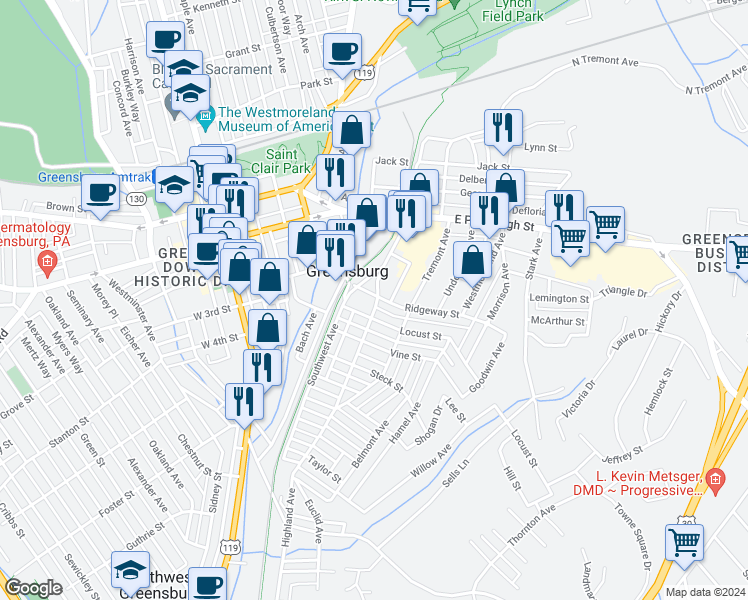 map of restaurants, bars, coffee shops, grocery stores, and more near 307 Highland Avenue in Greensburg