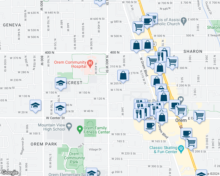 map of restaurants, bars, coffee shops, grocery stores, and more near 180 North 400 West in Orem