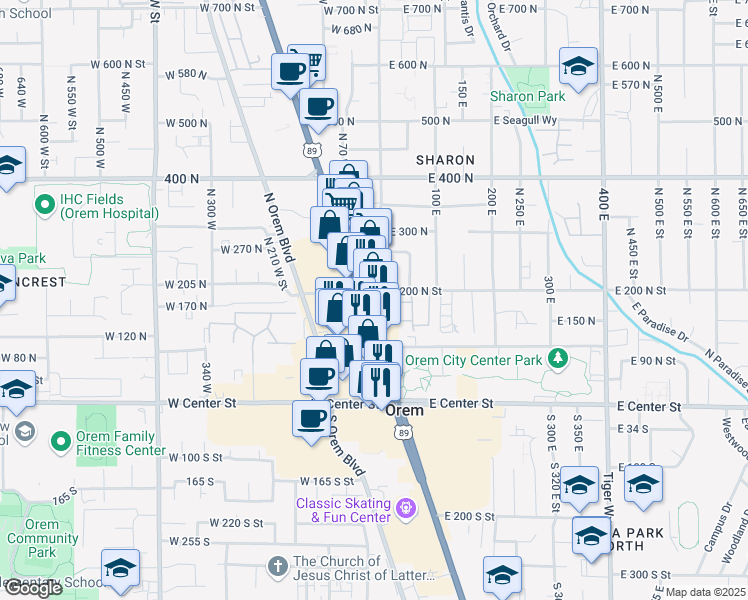map of restaurants, bars, coffee shops, grocery stores, and more near 190 North State Street in Orem