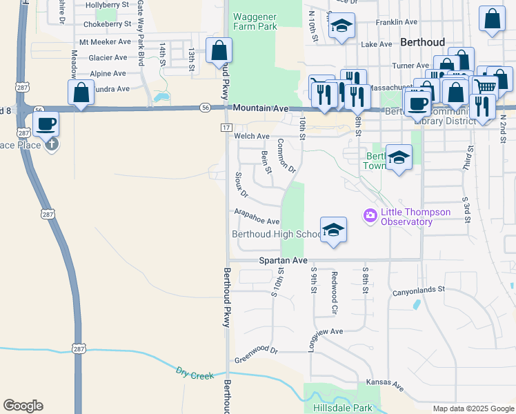 map of restaurants, bars, coffee shops, grocery stores, and more near 203 Sioux Drive in Berthoud