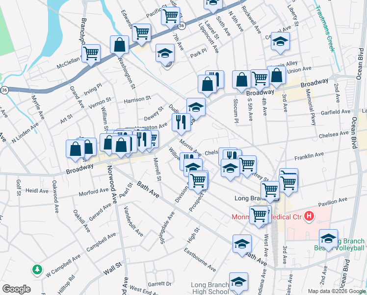 map of restaurants, bars, coffee shops, grocery stores, and more near 422 Morris Avenue in Long Branch