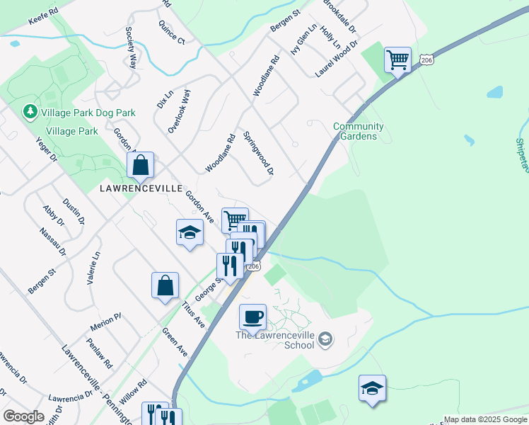 map of restaurants, bars, coffee shops, grocery stores, and more near 16 Manning Lane in Lawrence Township