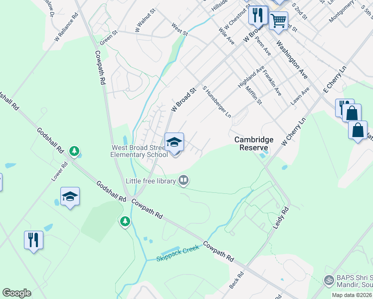 map of restaurants, bars, coffee shops, grocery stores, and more near 56 Gentry Terrace in Souderton
