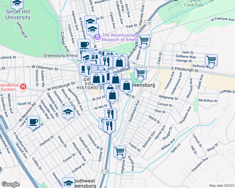 map of restaurants, bars, coffee shops, grocery stores, and more near 214 Alwine Avenue in Greensburg