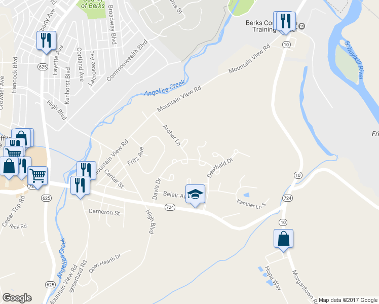 map of restaurants, bars, coffee shops, grocery stores, and more near 22 Archer Ln in Reading