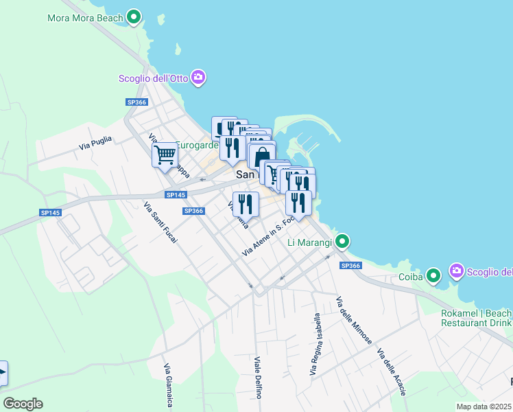 map of restaurants, bars, coffee shops, grocery stores, and more near 32 Via Ettore Fieramosca in San Foca