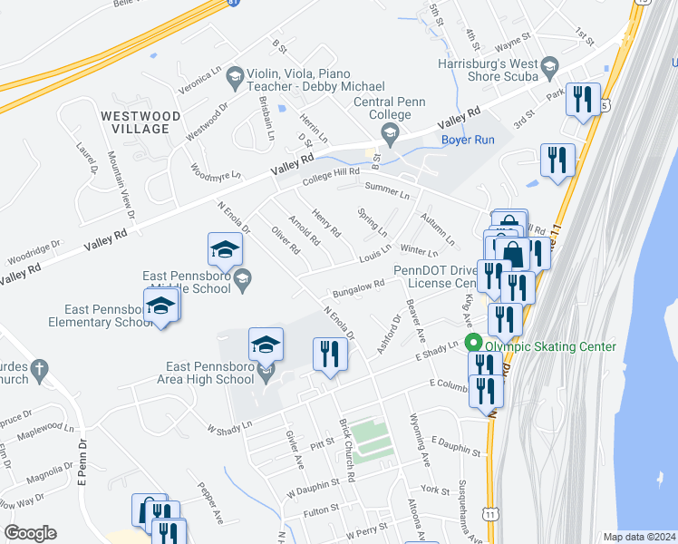 map of restaurants, bars, coffee shops, grocery stores, and more near 8 Louis Lane in Enola