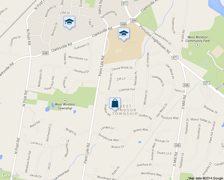 map of restaurants, bars, coffee shops, grocery stores, and more near 6 Colonial Avenue in West Windsor Township