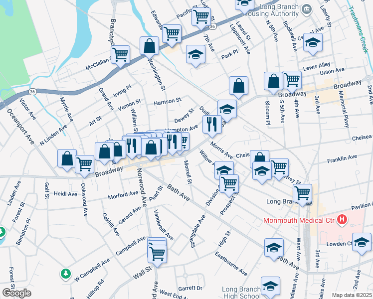 map of restaurants, bars, coffee shops, grocery stores, and more near 501 Broadway in Long Branch