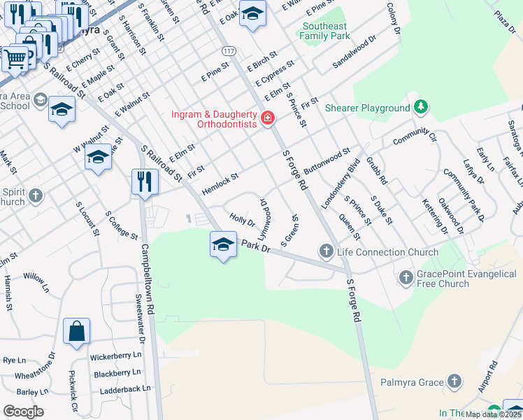 map of restaurants, bars, coffee shops, grocery stores, and more near 105 Lynnwood Drive in Palmyra