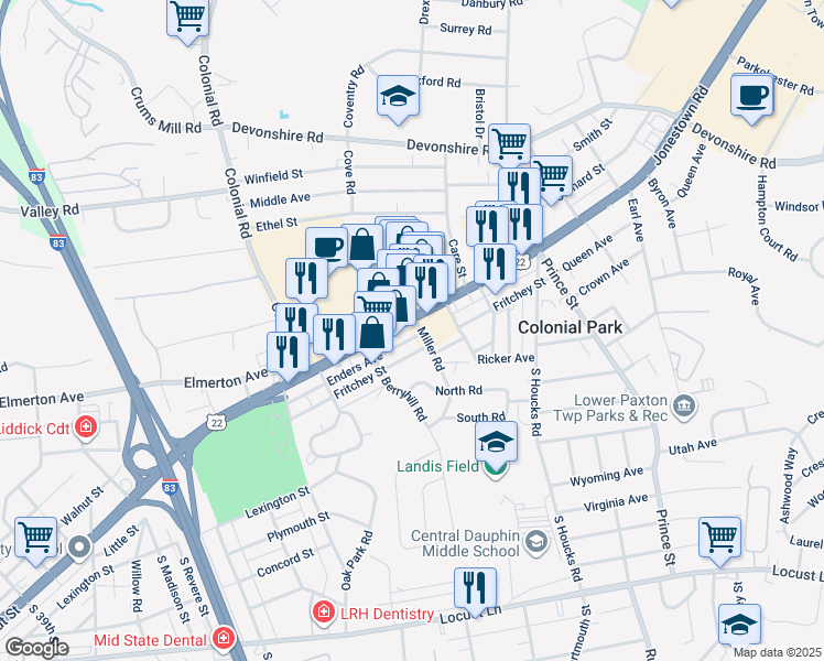 map of restaurants, bars, coffee shops, grocery stores, and more near 4519 Jonestown Road in Harrisburg