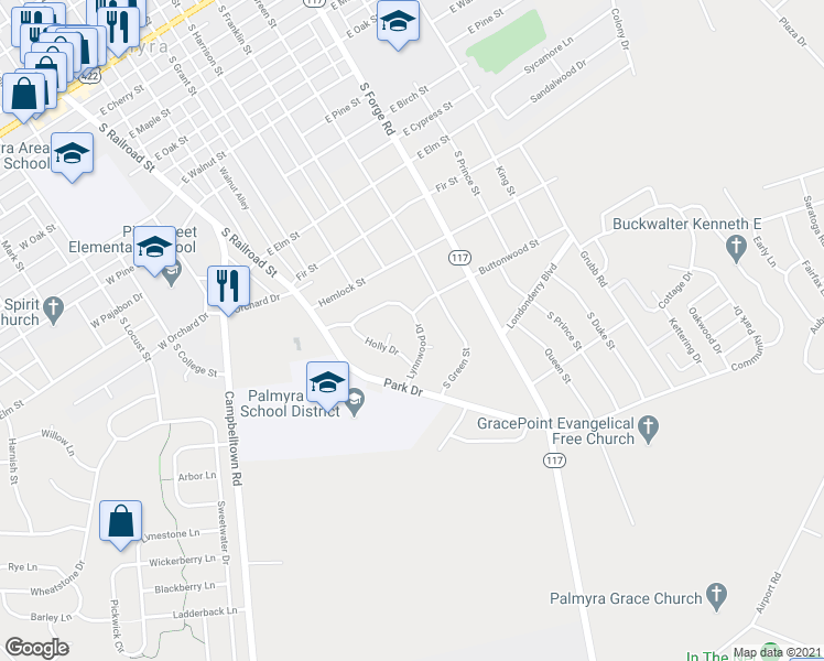 map of restaurants, bars, coffee shops, grocery stores, and more near 105 Lynwood Drive in Palmyra