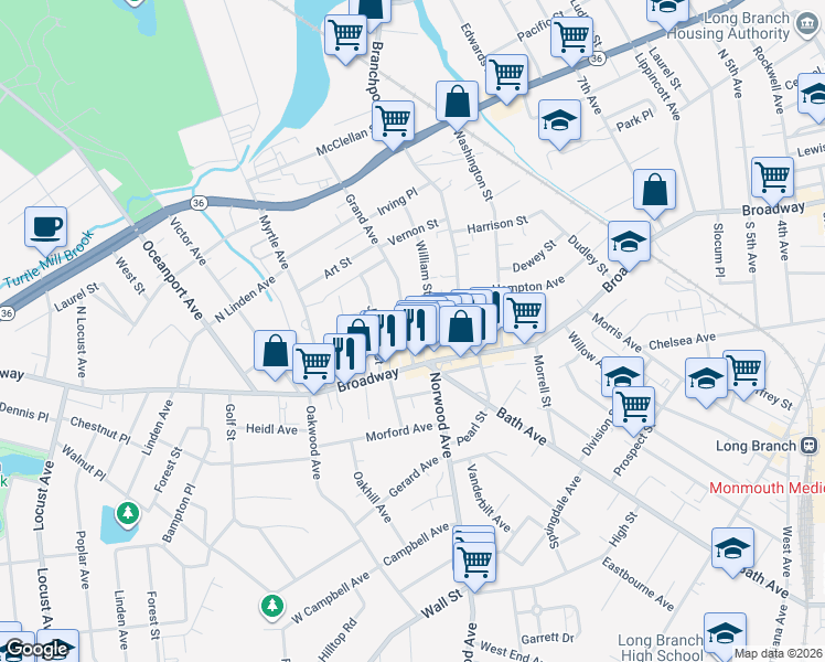map of restaurants, bars, coffee shops, grocery stores, and more near 27 Grand Avenue in Long Branch