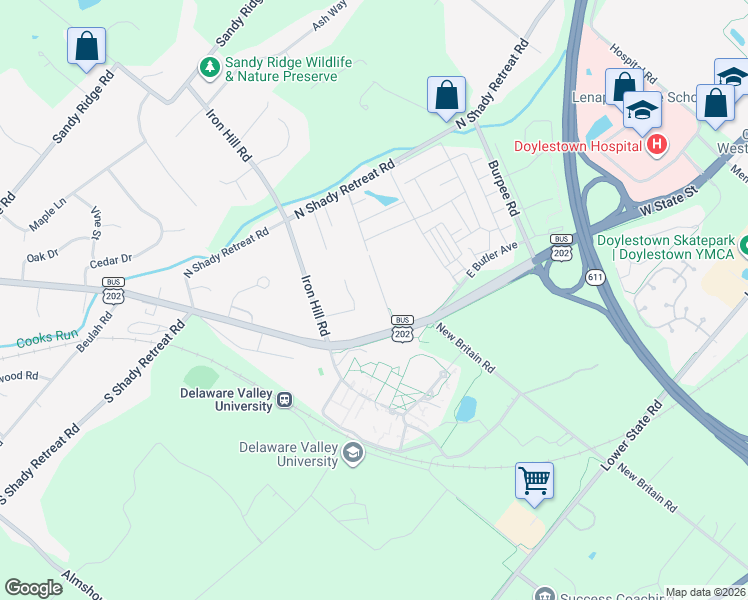 map of restaurants, bars, coffee shops, grocery stores, and more near 44 Evergreen Drive in Doylestown
