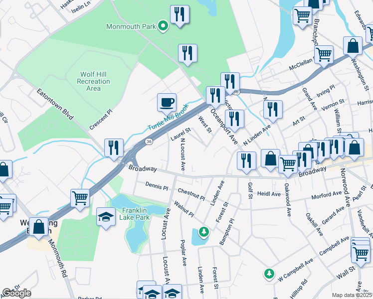 map of restaurants, bars, coffee shops, grocery stores, and more near 26 N Locust Ave in West Long Branch