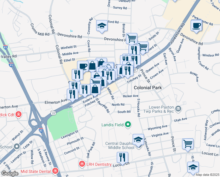 map of restaurants, bars, coffee shops, grocery stores, and more near 1 Miller Road in Harrisburg
