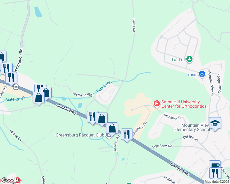 map of restaurants, bars, coffee shops, grocery stores, and more near 129 Unity Square in Greensburg