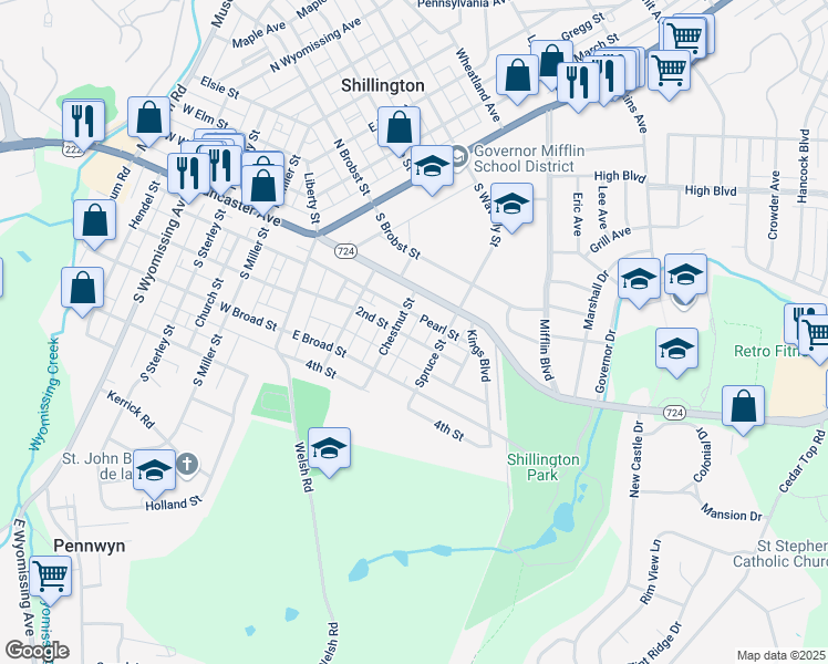map of restaurants, bars, coffee shops, grocery stores, and more near 205 2nd Street in Shillington