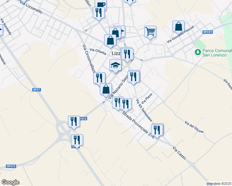 map of restaurants, bars, coffee shops, grocery stores, and more near 48 Via Torino in Lizzanello