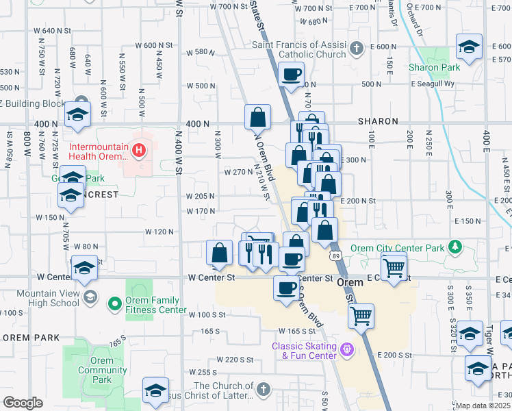 map of restaurants, bars, coffee shops, grocery stores, and more near 210 West 170 North in Orem