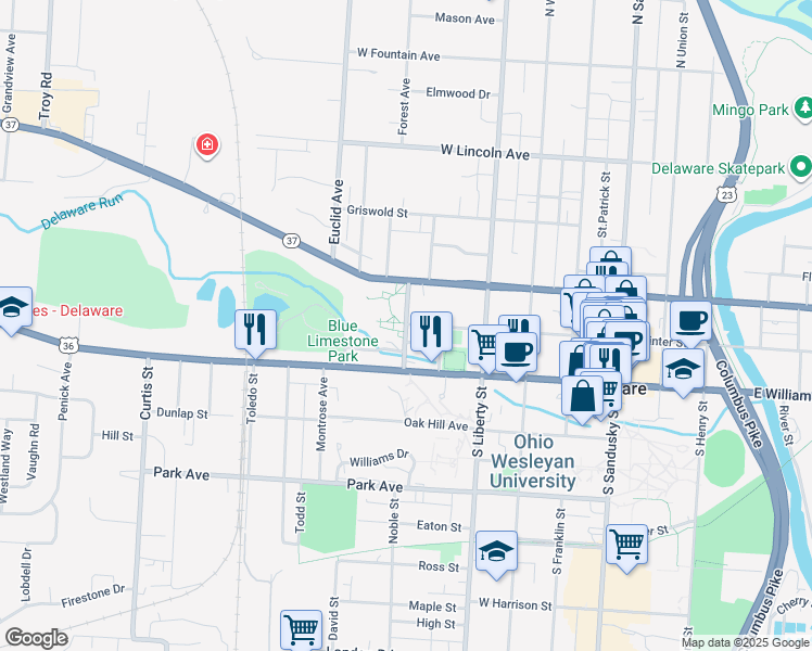map of restaurants, bars, coffee shops, grocery stores, and more near Elizabeth Street in Delaware