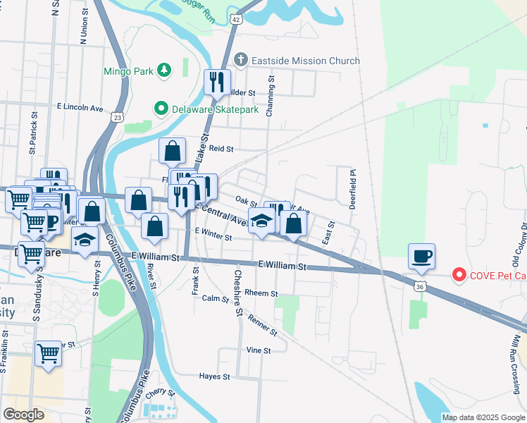 map of restaurants, bars, coffee shops, grocery stores, and more near 25 Hammond Street in Delaware