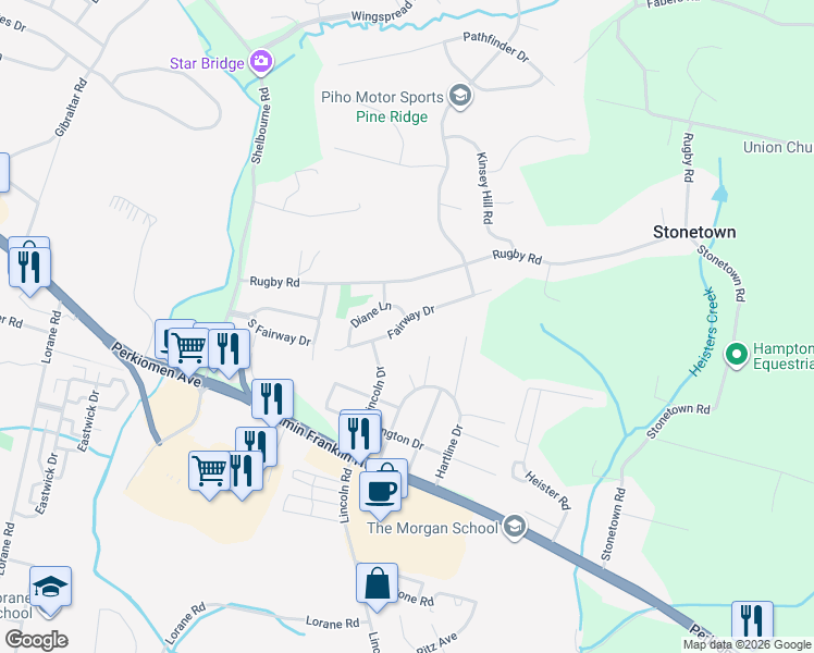 map of restaurants, bars, coffee shops, grocery stores, and more near 201 Fairway Drive in Reading