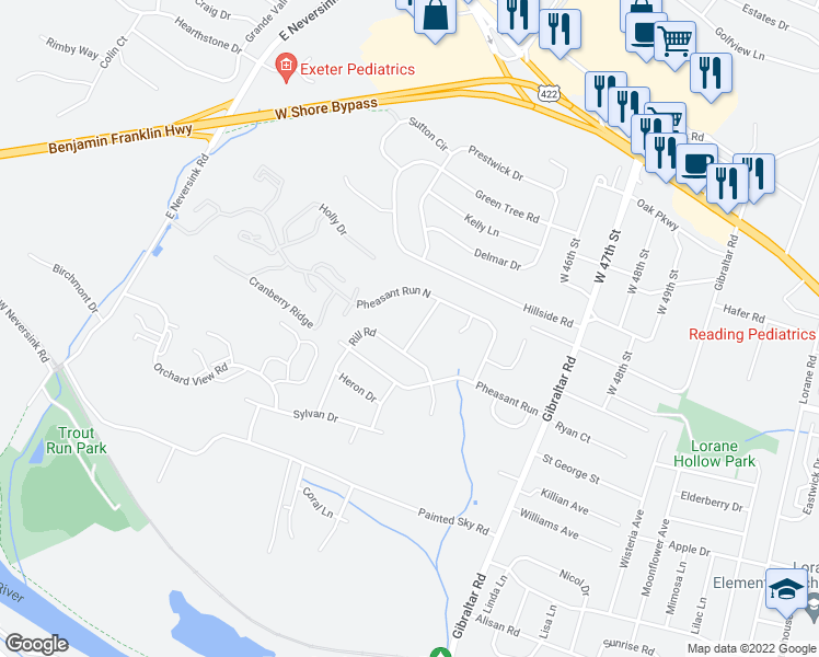 map of restaurants, bars, coffee shops, grocery stores, and more near 2004 Quail Hollow Drive in Reading