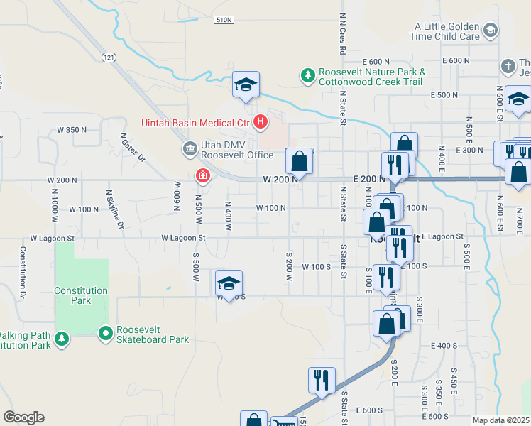 map of restaurants, bars, coffee shops, grocery stores, and more near 299 West 100 North in Roosevelt