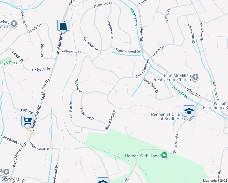 map of restaurants, bars, coffee shops, grocery stores, and more near 231 Rocky Ridge Road in Bethel Park