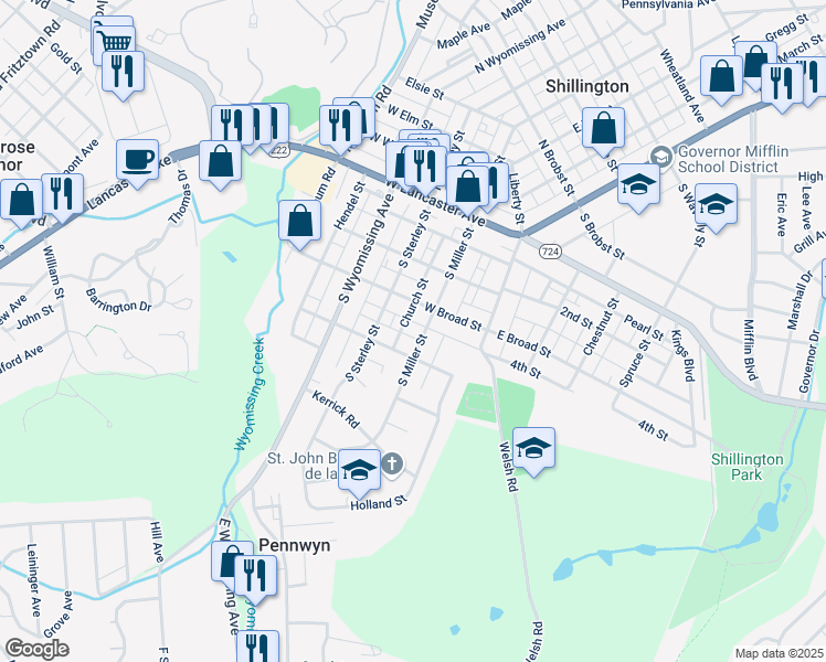 map of restaurants, bars, coffee shops, grocery stores, and more near 218 South Miller Street in Shillington