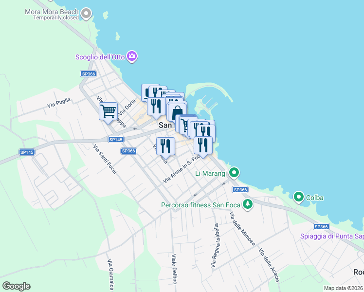 map of restaurants, bars, coffee shops, grocery stores, and more near 9 Via Padova in San Foca
