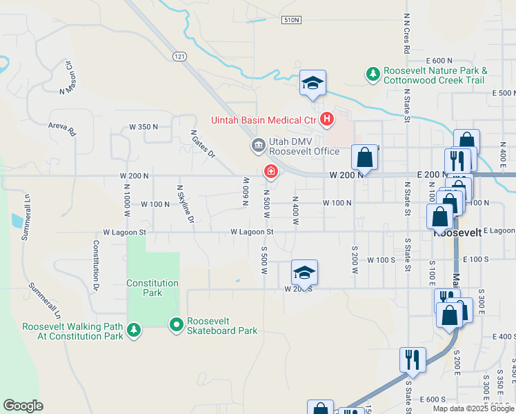 map of restaurants, bars, coffee shops, grocery stores, and more near 77 North 500 West in Roosevelt
