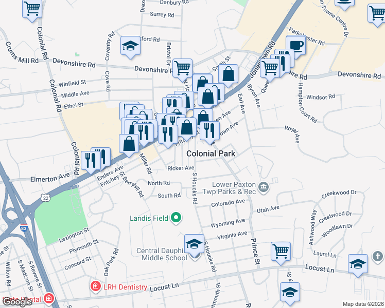 map of restaurants, bars, coffee shops, grocery stores, and more near 75 South Houcks Road in Harrisburg