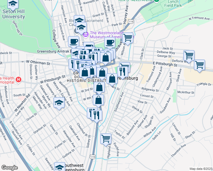map of restaurants, bars, coffee shops, grocery stores, and more near 214 Alwine Avenue in Greensburg