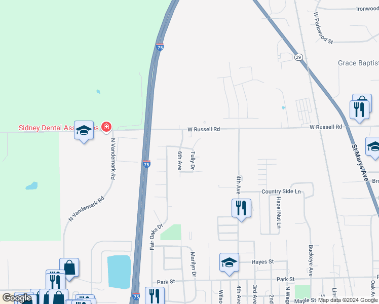 map of restaurants, bars, coffee shops, grocery stores, and more near Tully Drive in Sidney