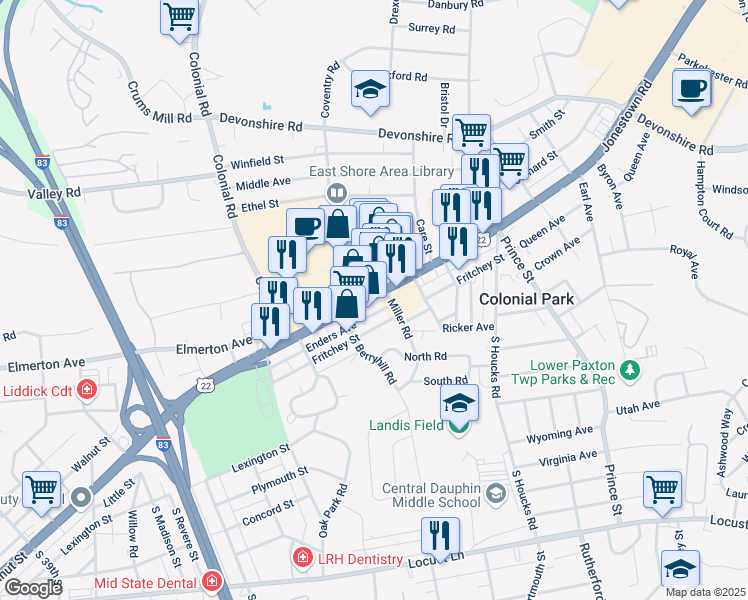 map of restaurants, bars, coffee shops, grocery stores, and more near 4519 Jonestown Rd in Harrisburg