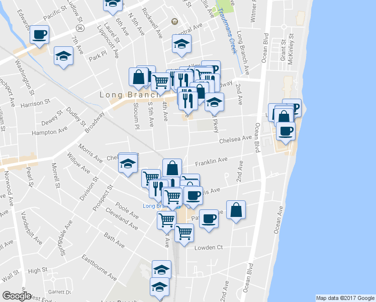 map of restaurants, bars, coffee shops, grocery stores, and more near 114 3rd Ave in Long Branch