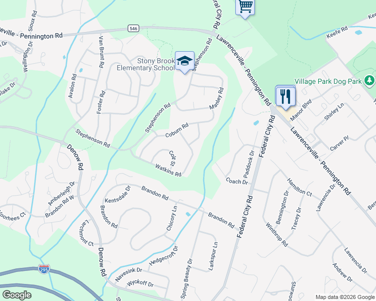 map of restaurants, bars, coffee shops, grocery stores, and more near 341 Watkins Road in Pennington