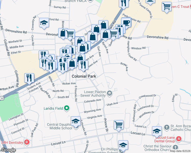map of restaurants, bars, coffee shops, grocery stores, and more near 4702 Lancer Street in Harrisburg