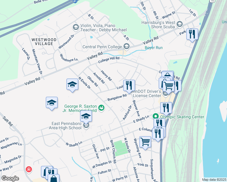 map of restaurants, bars, coffee shops, grocery stores, and more near 10 Louis Ln in Enola