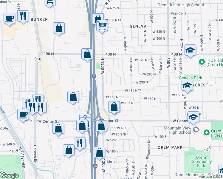 map of restaurants, bars, coffee shops, grocery stores, and more near 1160 West 180 North Street in Orem