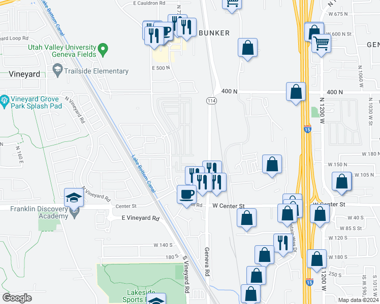 map of restaurants, bars, coffee shops, grocery stores, and more near 197 North 750 East Street in Vineyard