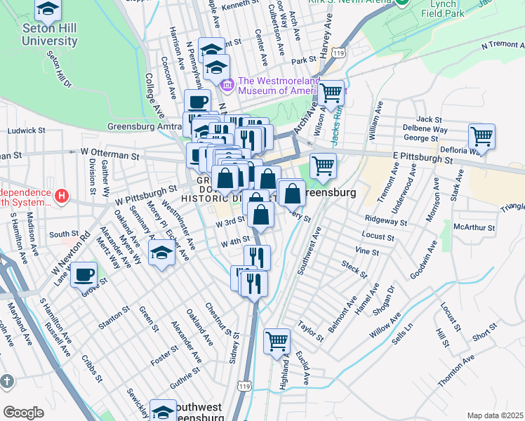 map of restaurants, bars, coffee shops, grocery stores, and more near 249 South Main Street in Greensburg