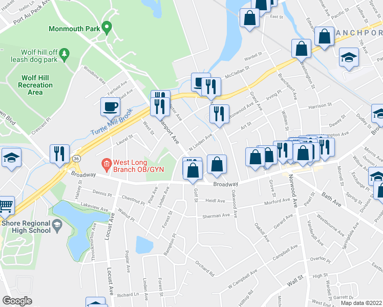 map of restaurants, bars, coffee shops, grocery stores, and more near 32 Oceanport Ave in West Long Branch