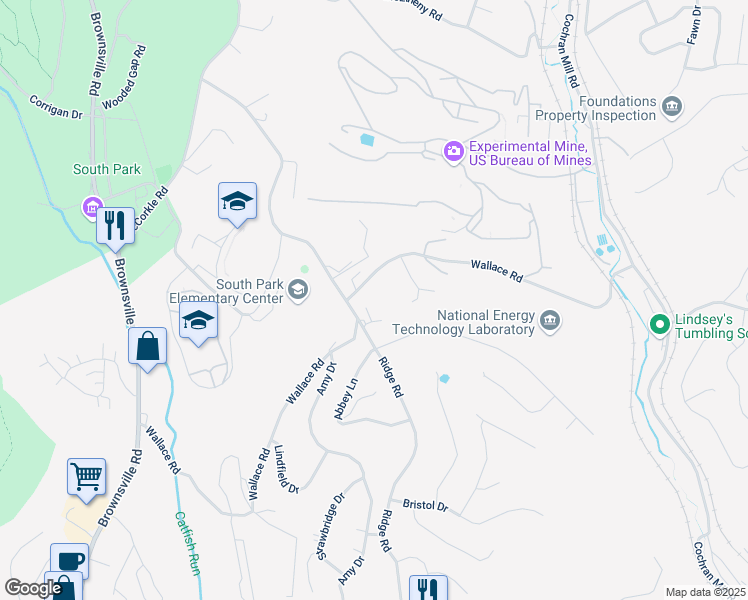 map of restaurants, bars, coffee shops, grocery stores, and more near 2351 Ridge Road in South Park Township